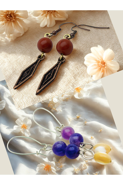 ayrestyle طقم أقراط من حجر الجاسبر والأميثيست الطبيعي مكون من قطعتين