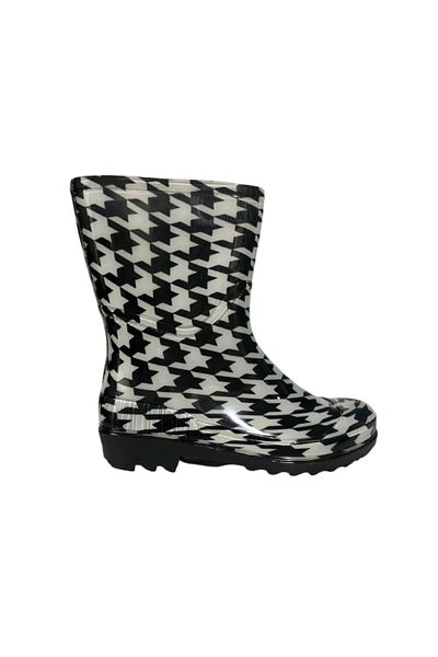Emek Women's Black-White Patterned Short Garden Rain Boots Emek036-97