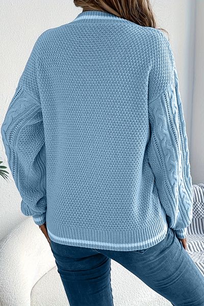 TRQOM Women's Striped V-Neck Knitted Patterned Sweater Baby Blue