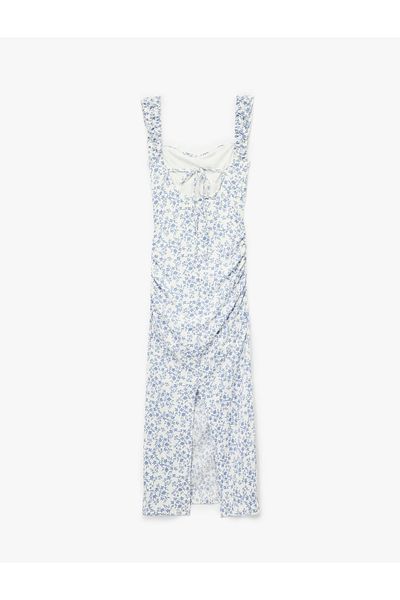 Koton Heart Neckline Short Sleeve Back Detail Floral Slit Slim Fit Maxi Dress