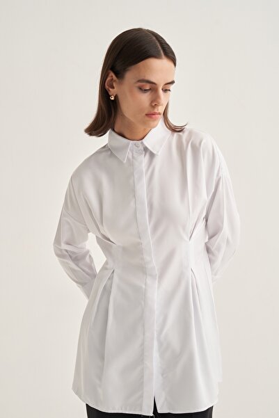 EBU Prive Women's Waist Accent Pleated Shirt Ecru