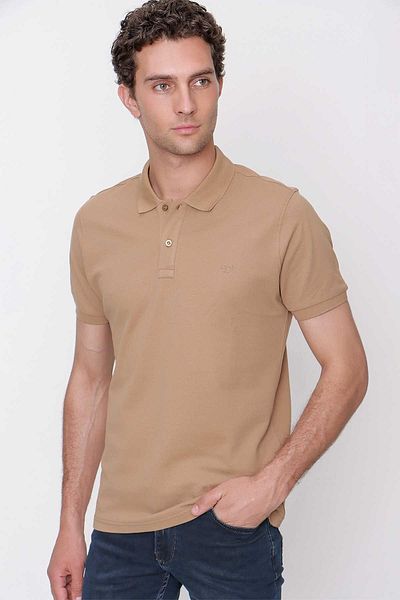 Morven Beige Basic Plain 100% Cotton Slim Fit Slim Fit Short Sleeve Polo Neck Men's T-Shirt