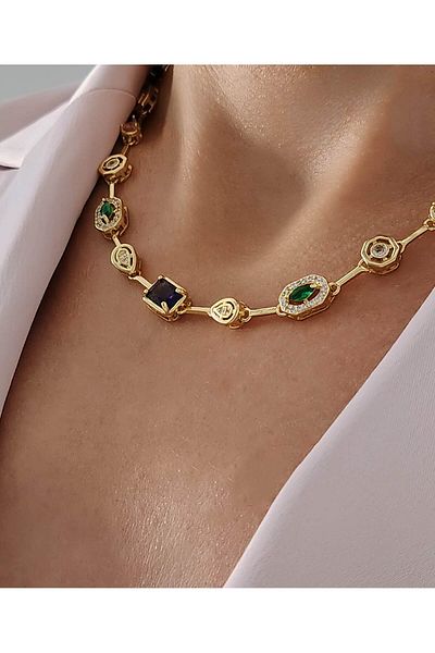Eva Takı Store Element Vip Colorful Stone Gold Steel Necklace 43cm