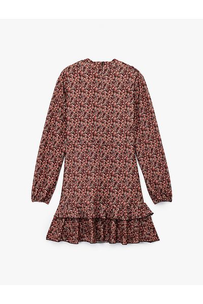 Koton Slim Fit Ruffled Long Sleeve Crew Neck Floral Mini Dress