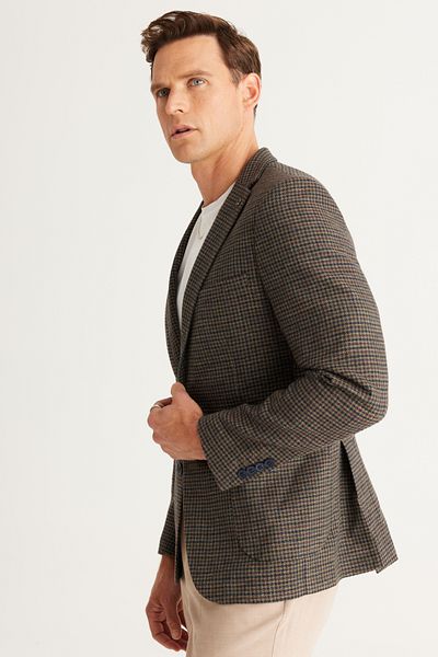 ALTINYILDIZ CLASSICS Men's Brown-Navy Slim Fit Slim Fit Mono Collar Linen Blended Checked Woolen Jacket