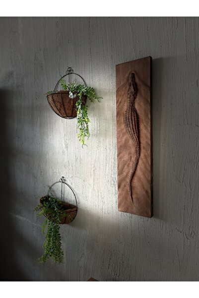 Store Rustik Tarz Ahşap Oyma Timsah Tablosu mistik doğa