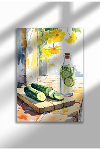 21mxm Imprimeu pe pânză cu natură moartă de bucătărie neînrămată, castraveți și plăci de teracotă, A3, poster mediteranean