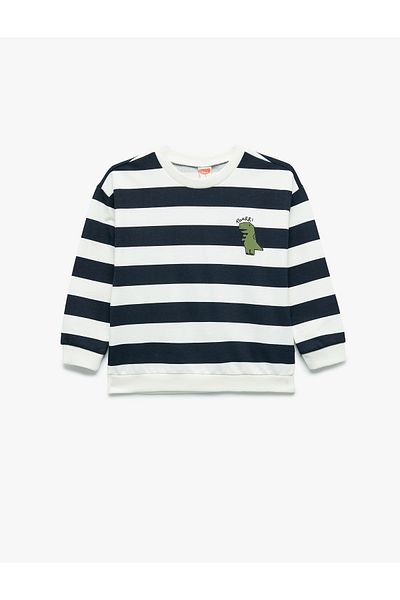 Koton Cotton Raised Long Sleeve Crew Neck Striped Sweatshirt