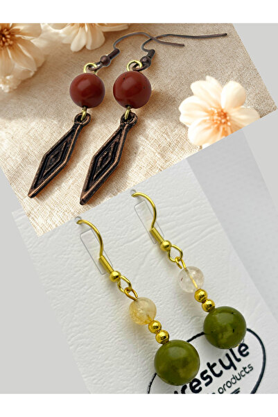 ayrestyle طقم أقراط من حجر الجاسبر واليشم والسيترين الطبيعي مكون من قطعتين