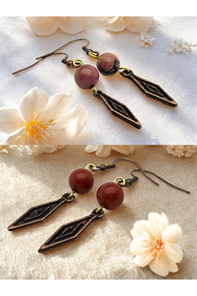 ayrestyle مجموعة أقراط من رودونيت وجاسبر من الأحجار الطبيعية مكونة من قطعتين