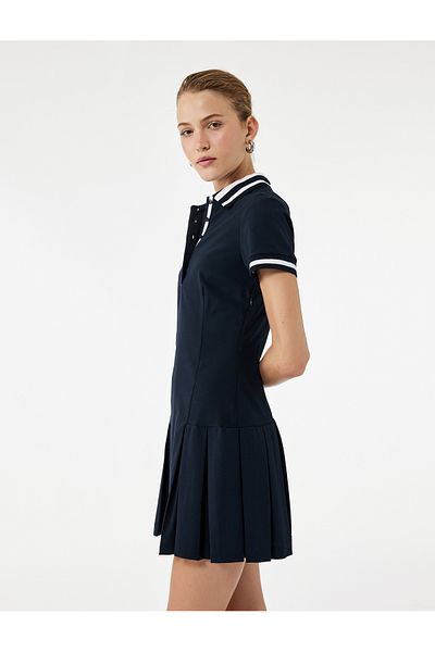 Koton Half Button Pleated Short Sleeve Mini Polo Neck Dress