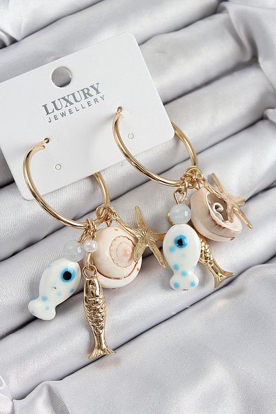 SeyCey.co Brass Dangle Ceramic Fish and Seashell Model Gold Color Women's Earrings