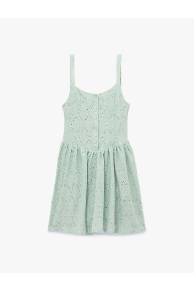 Koton Square Neck Relaxed Fit Embroidered Button Strap Mini Dress