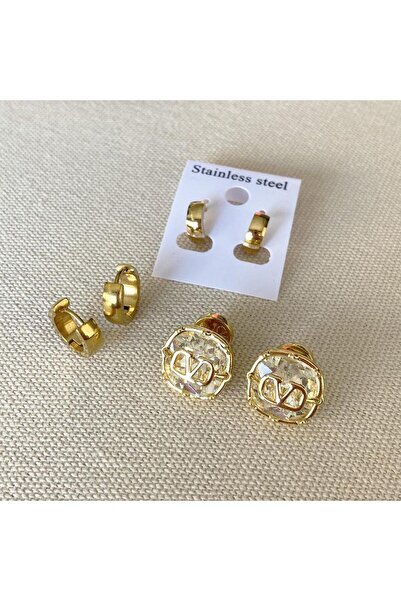 Necati Gün Taşlı Gold Halka Çelik Küpe Kombin