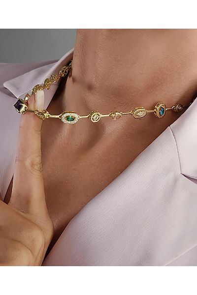 Eva Takı Store Element Vip Colorful Stone Gold Steel Necklace 43cm