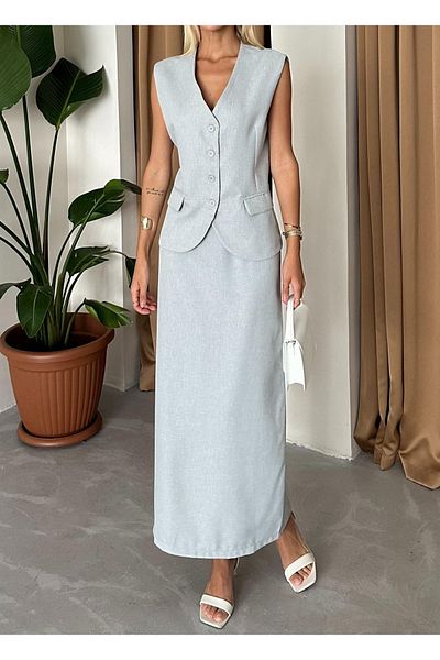 My Blog Gray Polyviscose Pocket Vest Slit Pencil Skirt Set