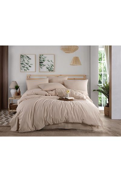 Beğenal Beige Colored Natural Striped Double Duvet Cover Set