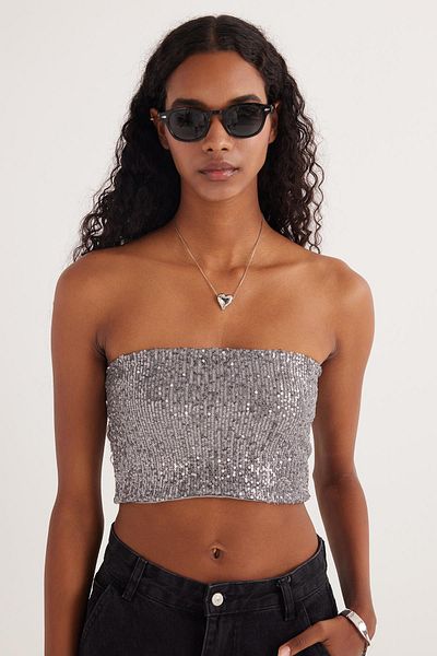 Tudors Women's Slim Fit Slim Fit Strapless Sequined Gray Blouse