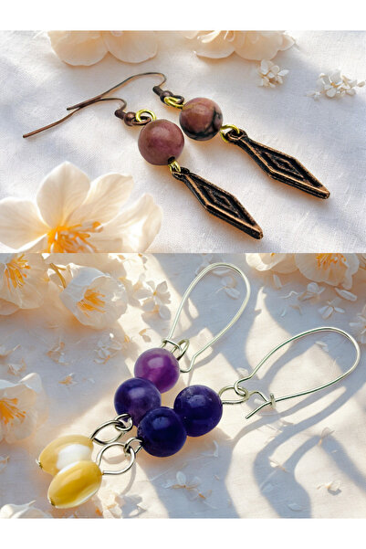 ayrestyle مجموعة أقراط من حجر الرودونيت والأميثيست الطبيعي مكونة من قطعتين