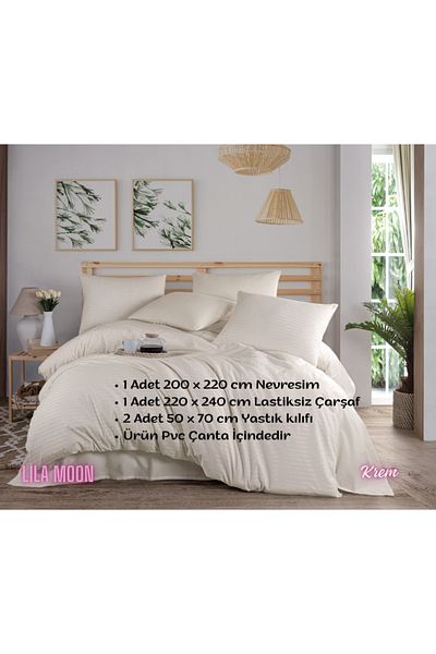 Beğenal Cream Colored Natural Striped Double Duvet Cover Set