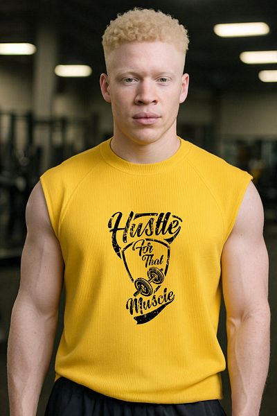 BESSA Yellow Sports Tank Top Crew Neck Hutle Muscle Printed Sleeveless Oversize Fit Tank Top Fitness Men