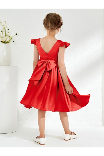 MadyaButik Girl's Selda Model Ruffle Sleeve Gathered Waist Satin Dress Graduation Birthday Party Dress