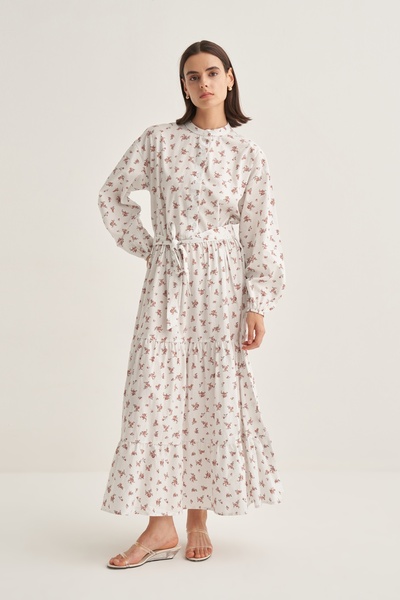 EBU Prive Γυναικείο φόρεμα με κορδόνια ποπλίνας με στρώσεις με λουλουδάτο σχέδιο εκρού