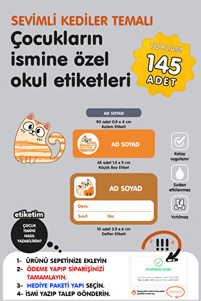ETİKETİM SEVİMLİ KEDİCİKLER Temalı İsme Özel Okul Etiketi