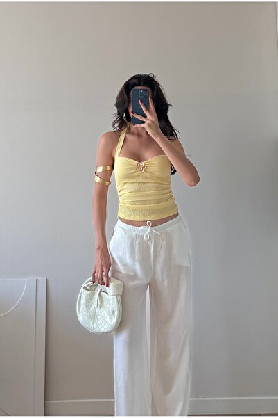 LOCH BUTİK Women's Yellow Brooch Gathered Mini Bustier