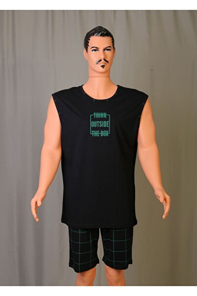 emsal özgür tekstil طقم بيجامة رجالي بأكمام صفرية وطبعة نص أخضر وقميص أسود وش...