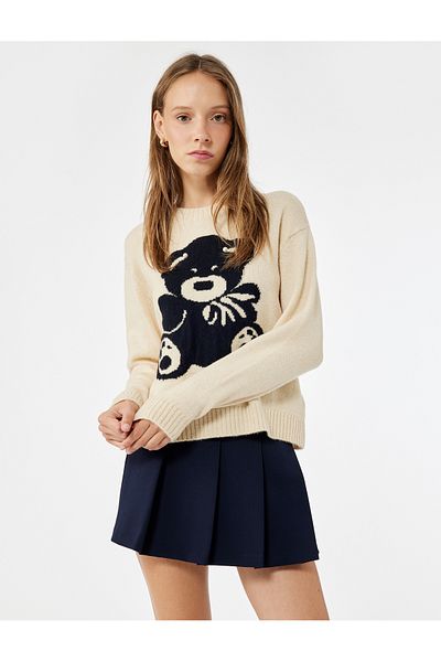 Koton Teddy Bear Embroidered Long Sleeve Crew Neck Sweater