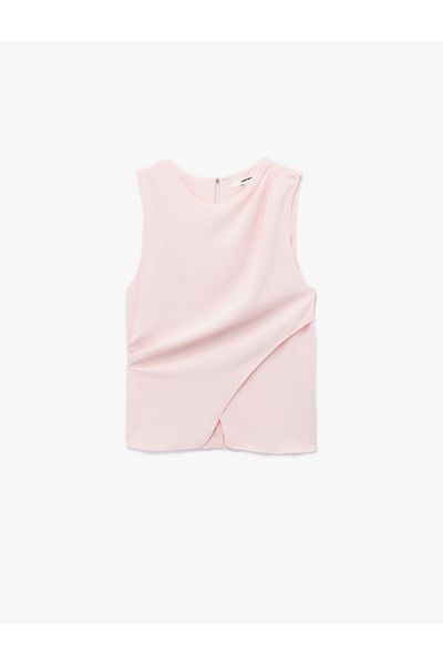 Koton Crepe Fabric Crew Neck Sleeveless Asymmetrical Blouse with Slit Detail