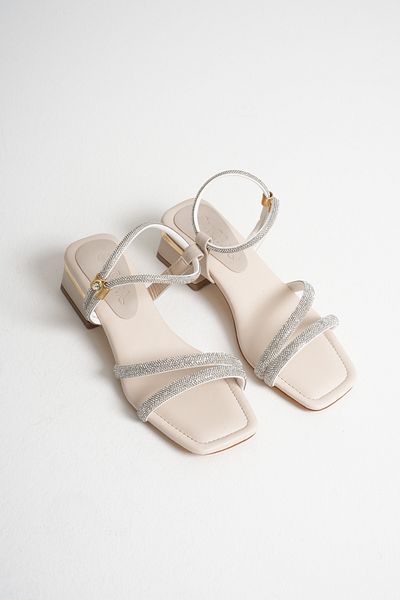 Nexs Women's Thin Double Stripe Stone Ankle Stone Heeled Beige Sandals