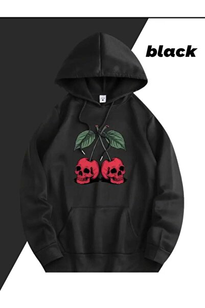 caddekombin Skull Cherry Printed Hooded Pocket Black Sweatshirt with Wool Inside