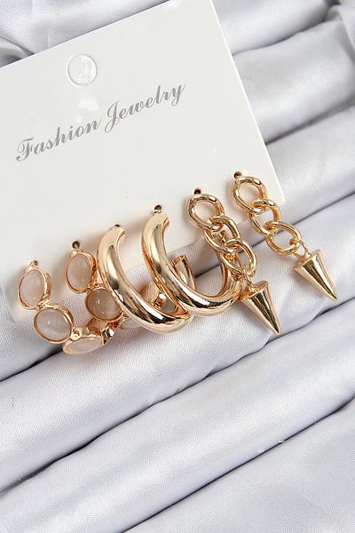 SeyCey.co Brass Ring and Chain Model Gold Color Women's Set Earrings