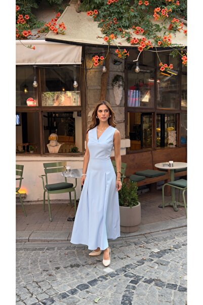 Nesil V Yaka Kolsuz Belden Oturan Atlas Maxi Kadın Günlük Özel Gün Elbise