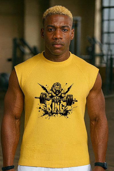BESSA Yellow Sports Tank Top Crew Neck King of Gym Printed Sleeveless Oversize Fit Tank Top Fitness Men