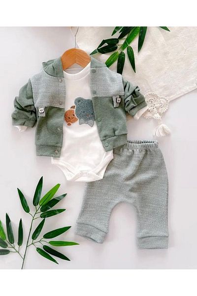 RAPAPA Baby Boy 3-Piece Seasonal Hooded Bear Detailed Cute 3-Piece Bodysuit Baby Set 2044