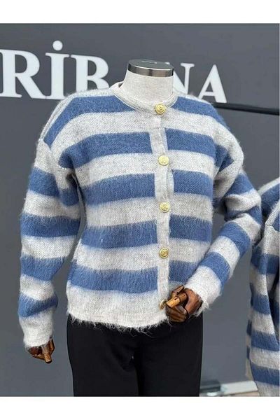 ribana Bearded Striped Gold Button Detailed Knitwear Cardigan