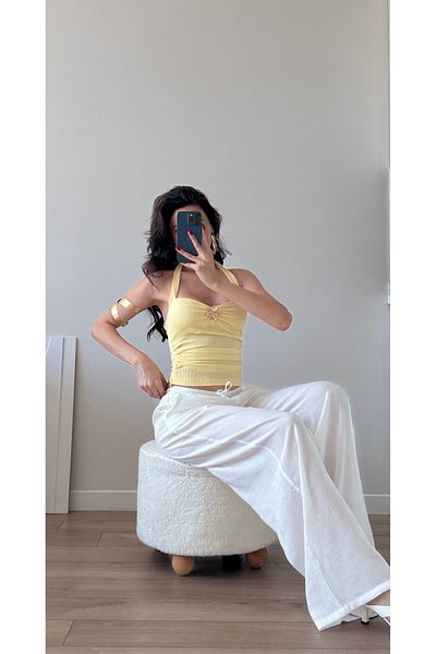 LOCH BUTİK Women's Yellow Brooch Gathered Mini Bustier