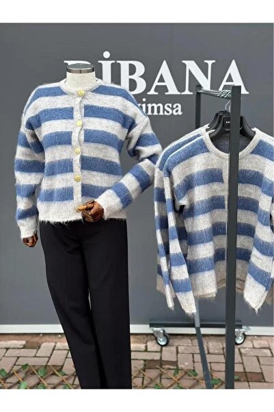 ribana Bearded Striped Gold Button Detailed Knitwear Cardigan