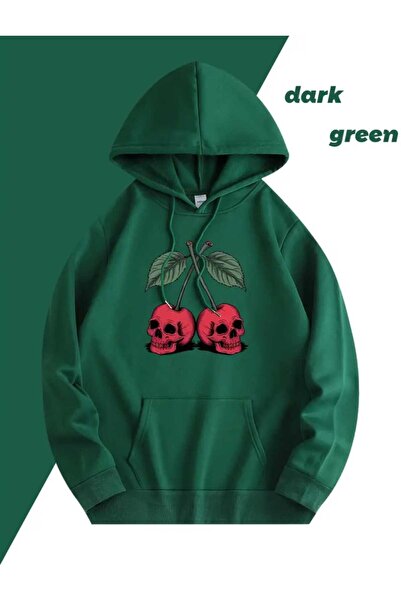 caddekombin Hanorac verde cu glugă, cu imprimeu cu craniu și cireșe, cu buzunare și lână în interior