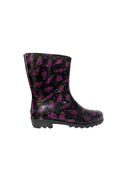 Emek Women's Purple-Black Patterned Short Garden Rain Boots Emek036-97