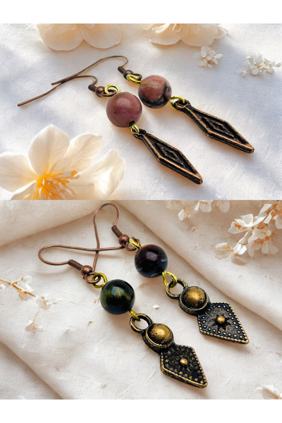 ayrestyle مجموعة أقراط رودونيت وعين النمر من الحجر الطبيعي مكونة من قطعتين