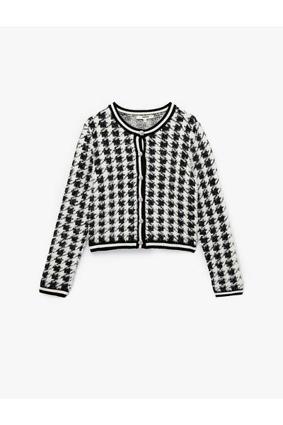 Koton Long Sleeve Round Neck Button down Plush Cardigan with Houndstooth Pattern