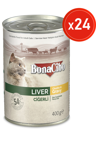BonaCibo Soslu Ciğerli Yaş Kedi Maması, 400 Gr X 24 Adet, Tüm Irklar İçin, Şe...