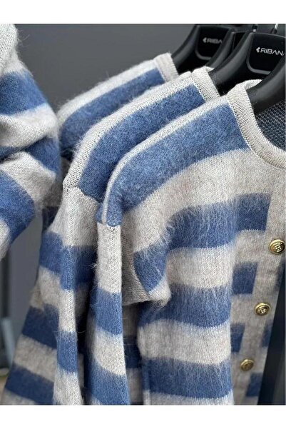 ribana Bearded Striped Gold Button Detailed Knitwear Cardigan