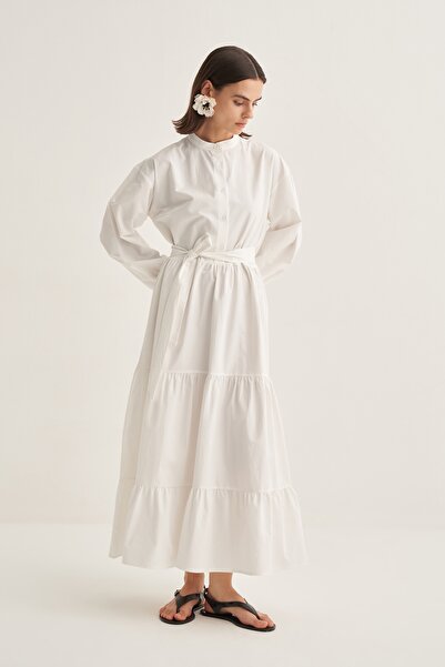 EBU Prive Women's Gathered Poplin Layered Dress Ecru