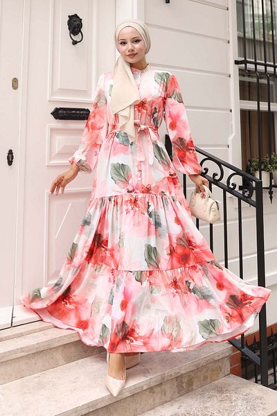 benguen Patterned Hijab Dress Pink 578