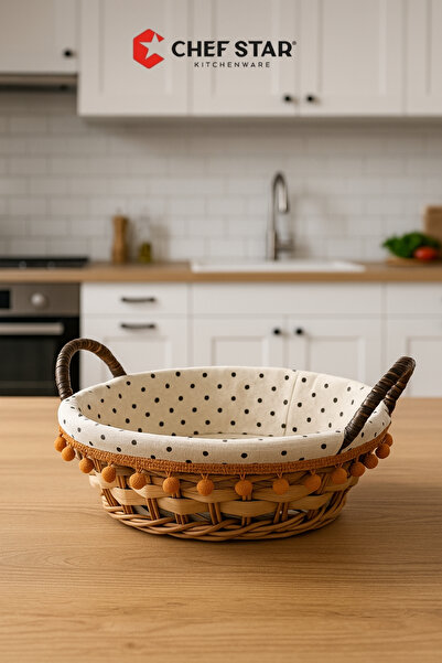 Chefstar PUANTİYELİ ASTARLI YUVARLAK EKMEK SEPETİ – PONPON DETAYLI